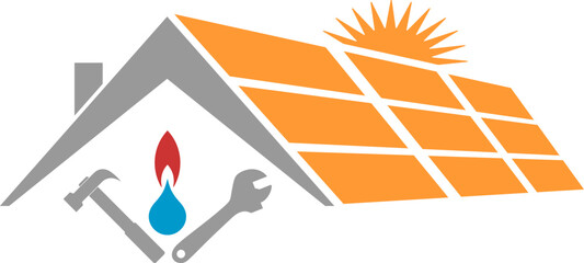 Haus, Solar, Werkzeuge, Wassertropfen und Flamme, Umwelt und Energie Logo