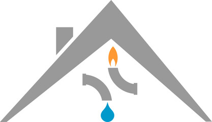 Haus, Werkzeuge, Wassertropfen und Flamme, Hausmeister und Klempner Logo