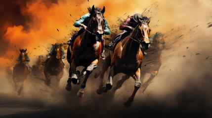 Dynamic Equine Showcase: A High-Energy Display of a Group of Racing Horses in Full Force, Galloping with Intensity on the Track - obrazy, fototapety, plakaty