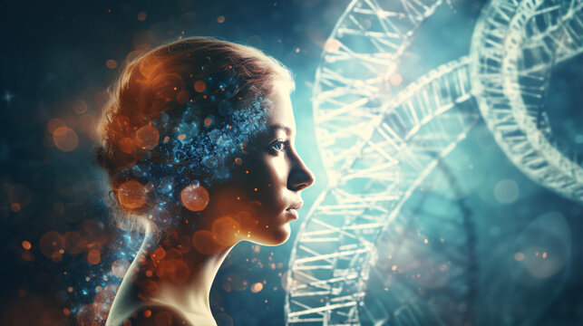 The Essence of Genetic Research and Biotechnology in Human Biology Technology, Set on an Abstract Digital Background..