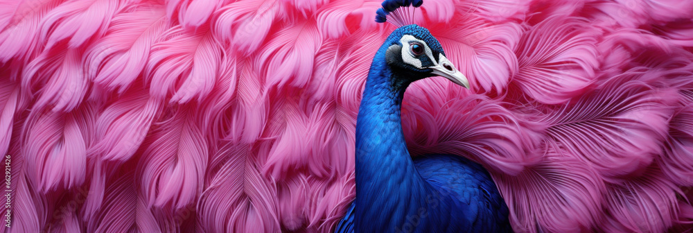 Wall mural colorful fantasy peacock with open tail of pink feathers, banner