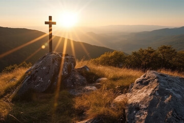 Witness the serene beauty of a Christian cross on top of a mountain, bathed in the warm glow of sunset or sunrise, a symbol of peace and spirituality. Ai generated