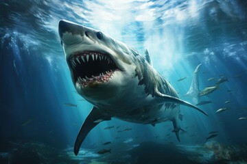 Obraz premium Fearless Big shark underwater sunny. Scuba predator. Generate Ai