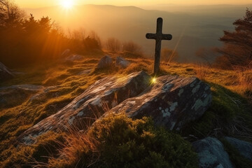 Witness the serene beauty of a Christian cross on top of a mountain, bathed in the warm glow of sunset or sunrise, a symbol of peace and spirituality. Ai generated