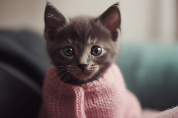 Admire the cuteness of a studio portrait featuring a delightful kitty or kitten dressed in an pink sweater, capturing pure feline charm. Ai generated