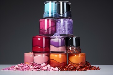 Stack of spilled nail polish in various colors. Generative AI - obrazy, fototapety, plakaty