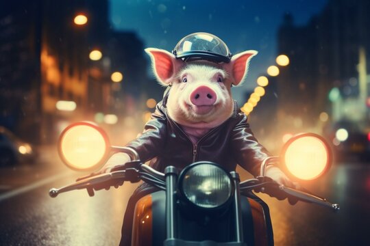 Amusing pig on motorbike, blurred city street light background. Generative AI