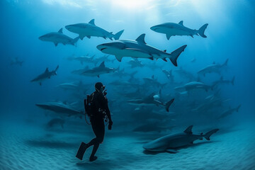 Dive into the awe inspiring underwater world with an impressive photo capturing a scuba diver alongside a massive shark, showcasing the beauty and thrill of marine life. Ai generated