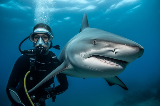 Dive into the awe inspiring underwater world with an impressive photo capturing a scuba diver alongside a massive shark, showcasing the beauty and thrill of marine life. Ai generated