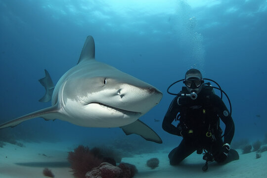Dive into the awe inspiring underwater world with an impressive photo capturing a scuba diver alongside a massive shark, showcasing the beauty and thrill of marine life. Ai generated