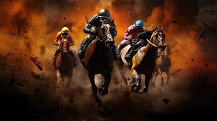 Fototapeta premium Dynamic Equine Showcase: A High-Energy Display of a Group of Racing Horses in Full Force, Galloping with Intensity on the Track
