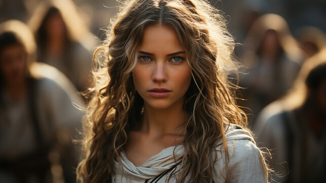 a beautiful young girl dressed as a medieval peasant woman participates in a historical reconstruction