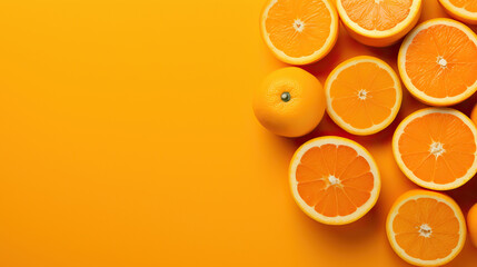 Orange fruit on orange background. Flat lay, top view, copy space