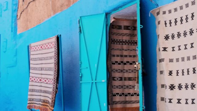 Medina alleys and stairs of Chefchaouen, the famous Blue Pearl of Morocco or Blue City. Chaouen is noted for its buildings in shades of blue, UNESCO heritage. Gimbal Prores cinematic panning - POV