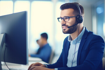 Call center, headset and computer with sales agent and smile while working in customer support, telemarketing or inbound marketing, Trust, support and help with employee in office for crm consulting - obrazy, fototapety, plakaty