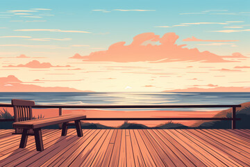 Wooden empty table close-up on the background of blurred sea, concept of vacation by the sea, illustration