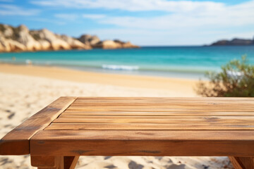 Wooden empty table close-up on the background of blurred sea, concept of vacation by the sea