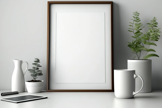 Mock-up of a horizontal wooden photo poster frame. On a white table are a cup of coffee, books, a vase, and a notebook. gray wall as a backdrop frontal perspective. Generative AI