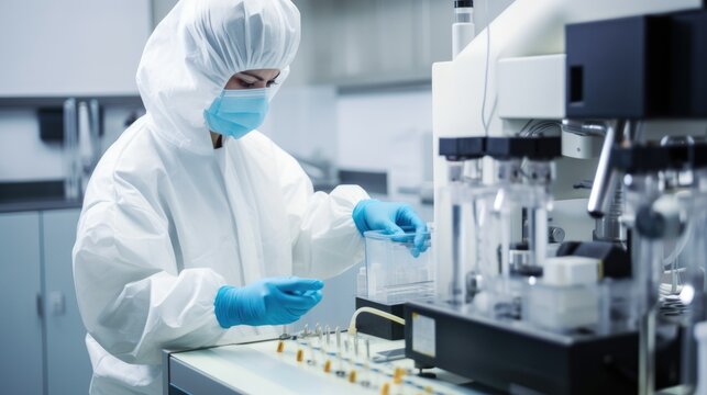 Close up laboratory worker in protective gawn and mask operating laboratory equipment on dangerous pandemic times safety first concept