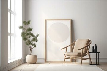 Empty frame on wall with chair and plant. Modern interior view with artwork mockup. Home staging and minimalism concept. Generative AI