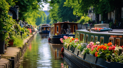 A delightful sight awaits as you stroll along the canal banks – rows of houseboats and narrow boats.. - obrazy, fototapety, plakaty