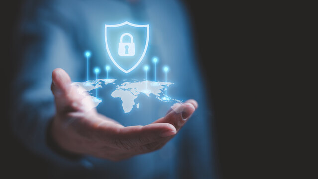 Cybersecurity expert solution to secure network protection and identity login password security. Lock, shield and world map icon secure global Internet access and protect from cybercrime hacker.