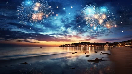 Fotobehang Strand zonsondergang Fireworks over beach blue night sky