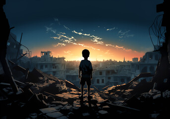 Fictional image of child observing the destruction. Appeal for peace between Israel and the Palestinian people. AI generated