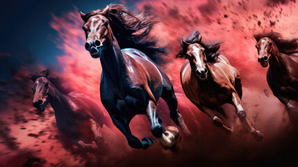 Equestrian Thunder: Dynamic Display of a Group of Racing Horses in Full Force at the Track, Horse Racing Excitement and Speed - obrazy, fototapety, plakaty