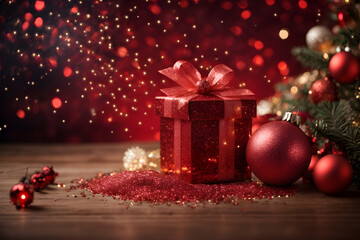 Beautiful red theme christmas background with gifts and decorations.