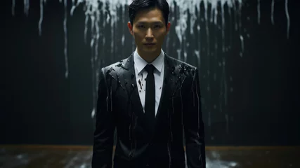 Foto op Plexiglas Portrait of a handsome asian man in black suit standing in front of a wall. © Alex
