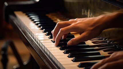 Obraz premium Close-up of a person's male hands expertly playing the piano keys