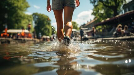 legs of a person walking down the street after a flood
