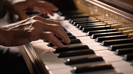 Obraz premium Close-up of a person's male hands expertly playing the piano keys