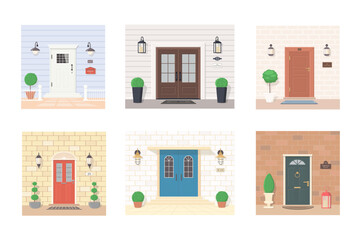 Fototapeta premium Collection of entrance doors with lanterns, plants, signs. Exterior concept for house entrances. Vector illustration. Cartoon flat style