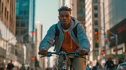 A young man is joyfully riding his bicycle along a city street