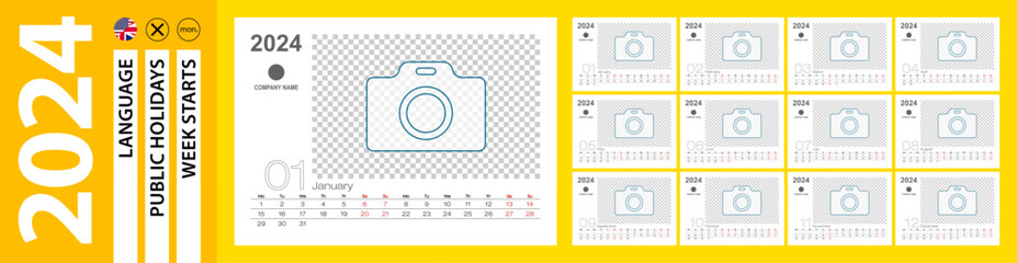 Desk Calendar for 2024 year, Monthly calendar with place for photo. Week starts on Monday. - obrazy, fototapety, plakaty