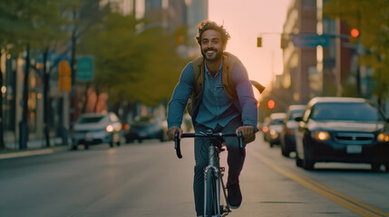 A young man is joyfully riding his bicycle along a city street