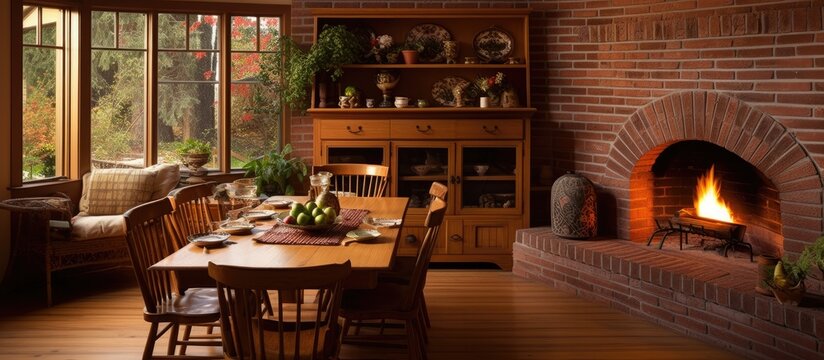 Brick fireplace in American farmhouse breakfast area With copyspace for text
