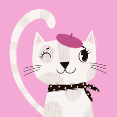 Сute white cat with a pink beret on a pink background. Winking kitten, cute character,illustration of a funny pet.