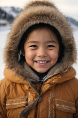 A closeup portrait of a beaming Inuit child, their cheeks rosy from the cold winter air, their eyes sparkling with joy as they face the camera