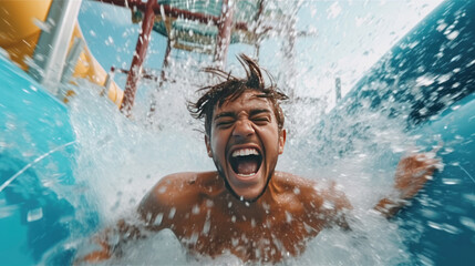 A happy person riding on the water slide in the waterpark