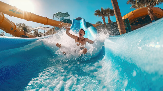 A happy person riding on the water slide in the waterpark