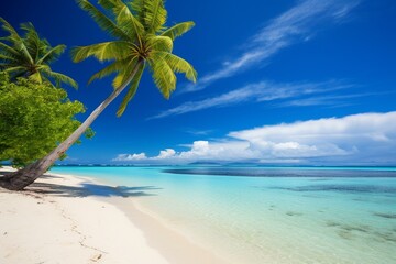 Bright beach, palm trees, tropical islands. Generative AI