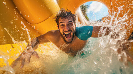 A happy person riding on the water slide in the waterpark - obrazy, fototapety, plakaty