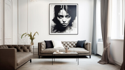 Beautiful minimalist style home interior design of modern living room. Leather sofa near white wall with art poster of a woman in black and white. 