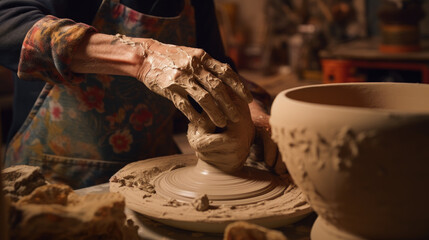 Close-up view of an artist's hands meticulously shaping and crafting a ceramic piece