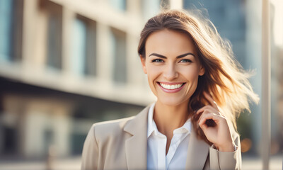 Smiling businesswoman outside office