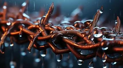 Fotobehang Metal sharp curl of barbed wire close-up. Conceptual shot illustrating the possibility of damage when in contact with him from different sides, dangerous love affairs, unrequited love, and the like © PaulShlykov