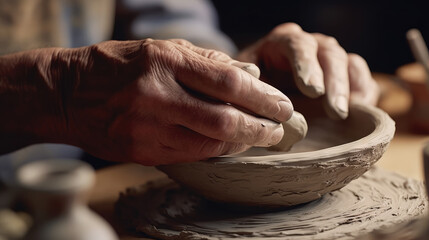 Obraz na płótnie Canvas Close-up view of an artist's hands meticulously shaping and crafting a ceramic piece